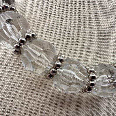 Vintage 80s Chunky Clear Faceted Glass Crystal Necklace Silver Tone Bead Jewelry - Thumbnail 4