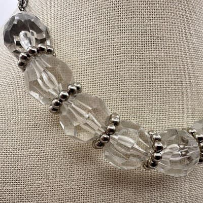 Vintage 80s Chunky Clear Faceted Glass Crystal Necklace Silver Tone Bead Jewelry - Thumbnail 3
