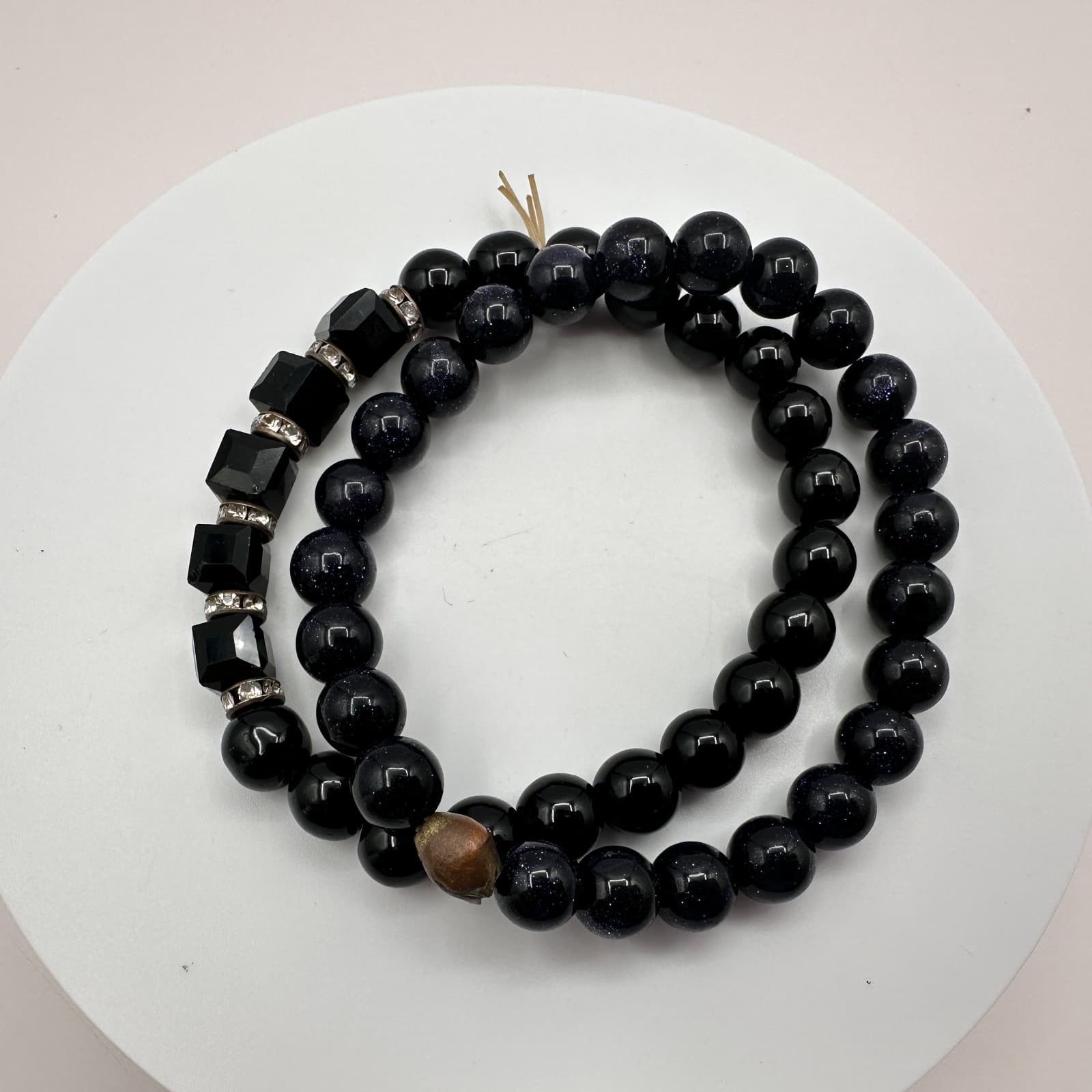 Vintage Y2K Rhinestone Black Onyx Beaded Bracelet Set Boho Women's Jewelry - Thumbnail 8