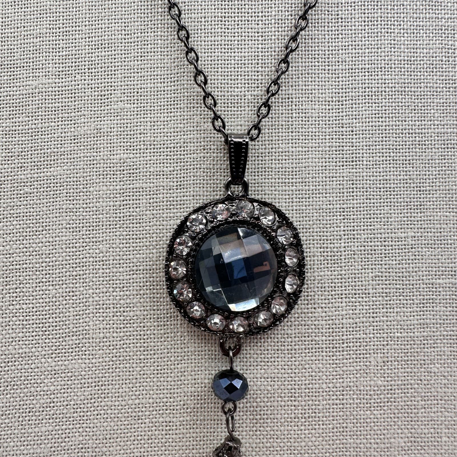 Vintage 90s Rhinestone Gunmetal Tassel Pendant Necklace Boho Women's Jewelry - Thumbnail 6