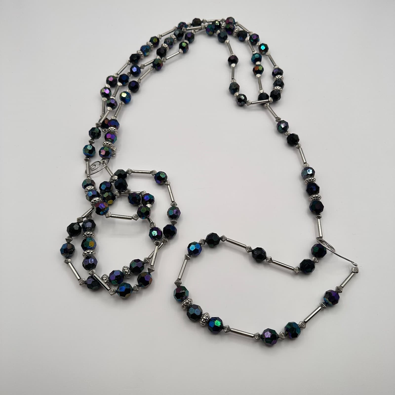 Vintage 90s Black Multi-strand Crystal Beaded Necklace Silver Tone Jewelry - Thumbnail 2