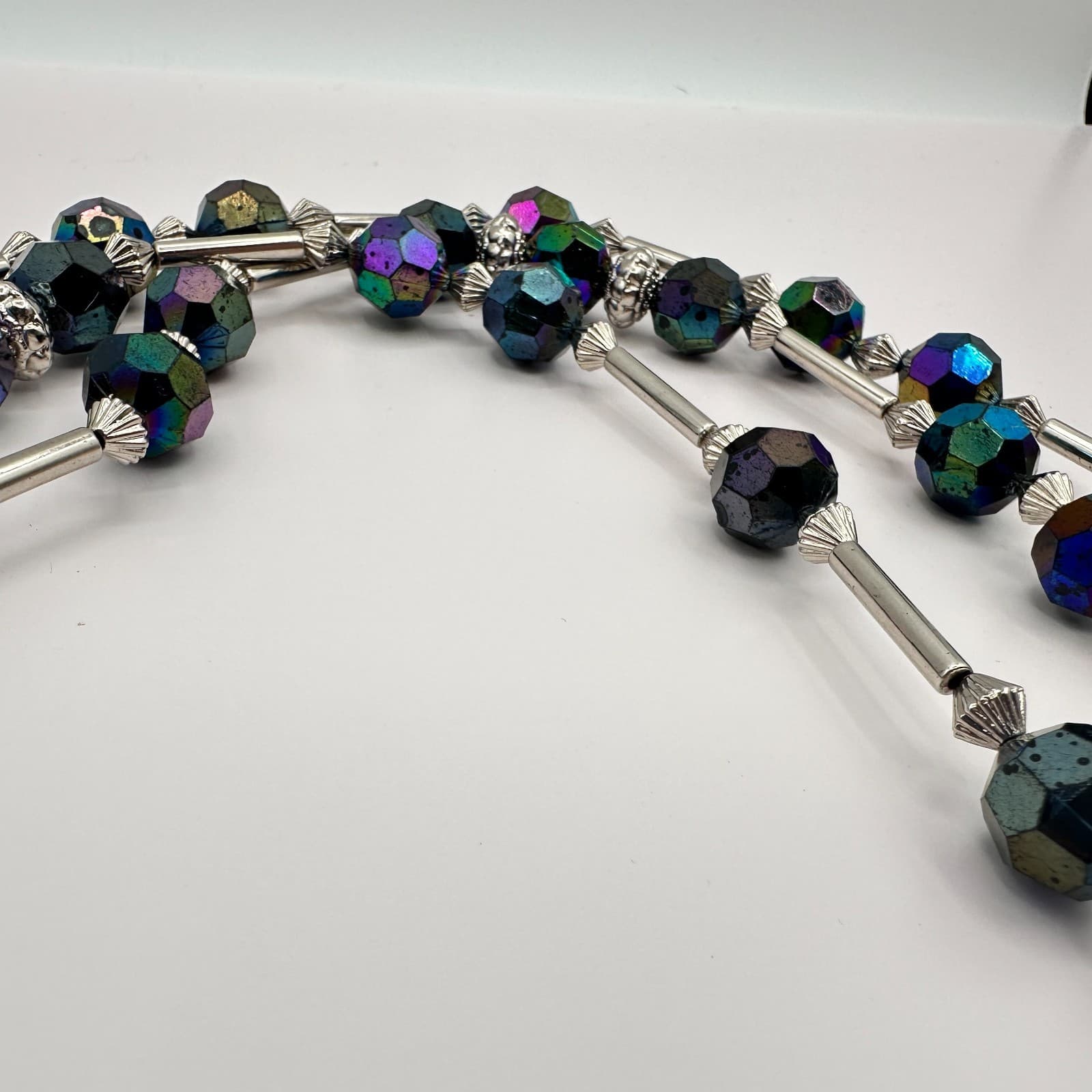 Vintage 90s Black Multi-strand Crystal Beaded Necklace Silver Tone Jewelry - Thumbnail 7