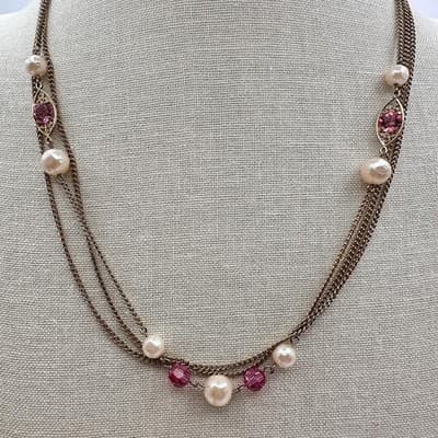 Vintage 90s Faux Pearl Gold Tone Multi Strand Chain Necklace Classic Jewelry - Thumbnail 2