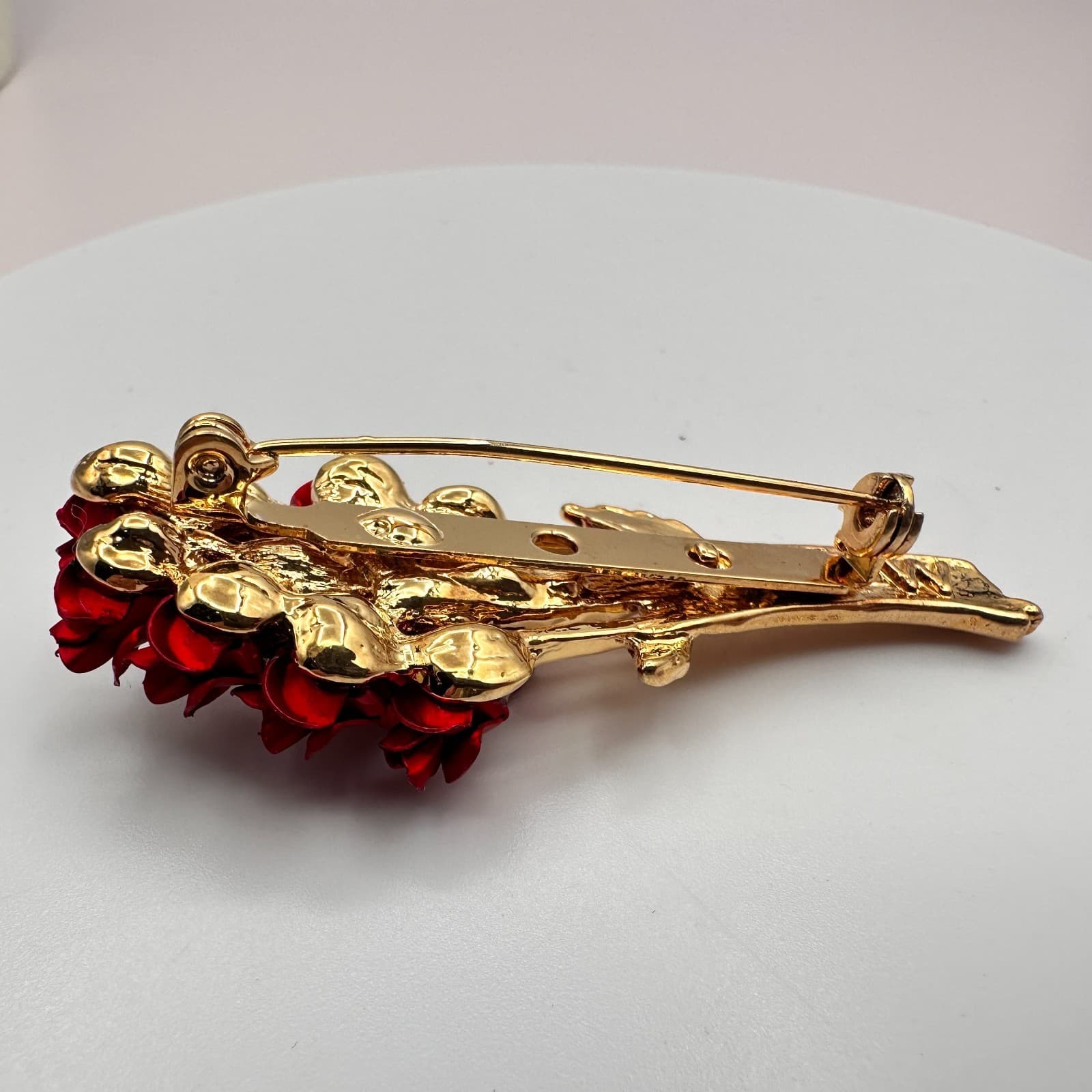 Vintage 90s Red Rose Bouquet Brooch Pin Gold Tone Women's Classic Jewelry - Thumbnail 5