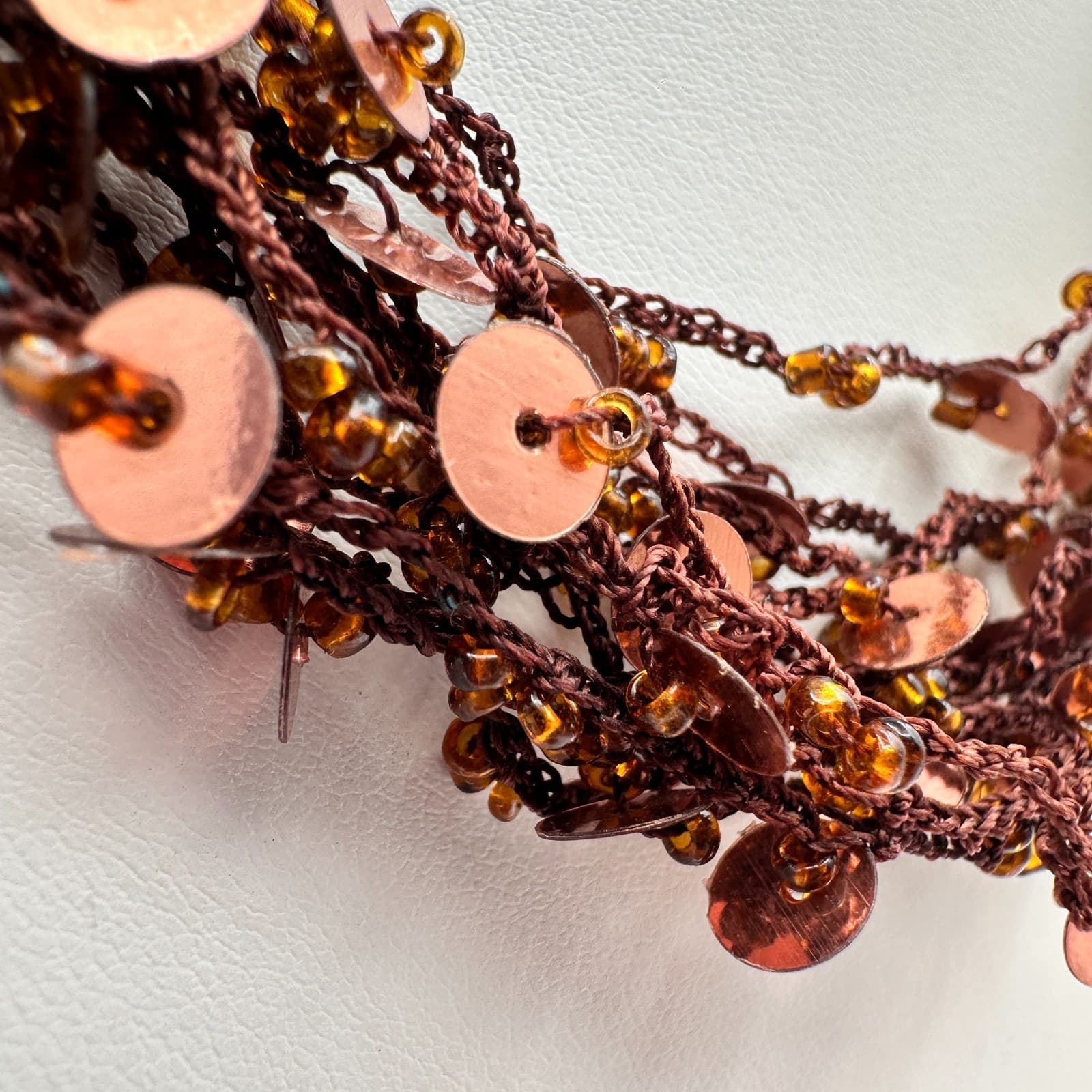 Vintage 90s Boho Multi-Strand Crochet Necklace Brown Amber Beaded Copper Sequins - Thumbnail 4