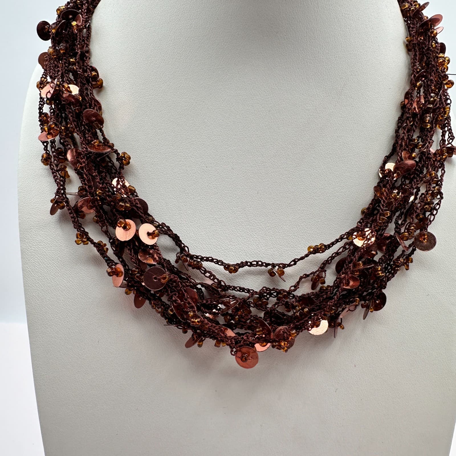 Vintage 90s Boho Multi-Strand Crochet Necklace Brown Amber Beaded Copper Sequins - Thumbnail 7