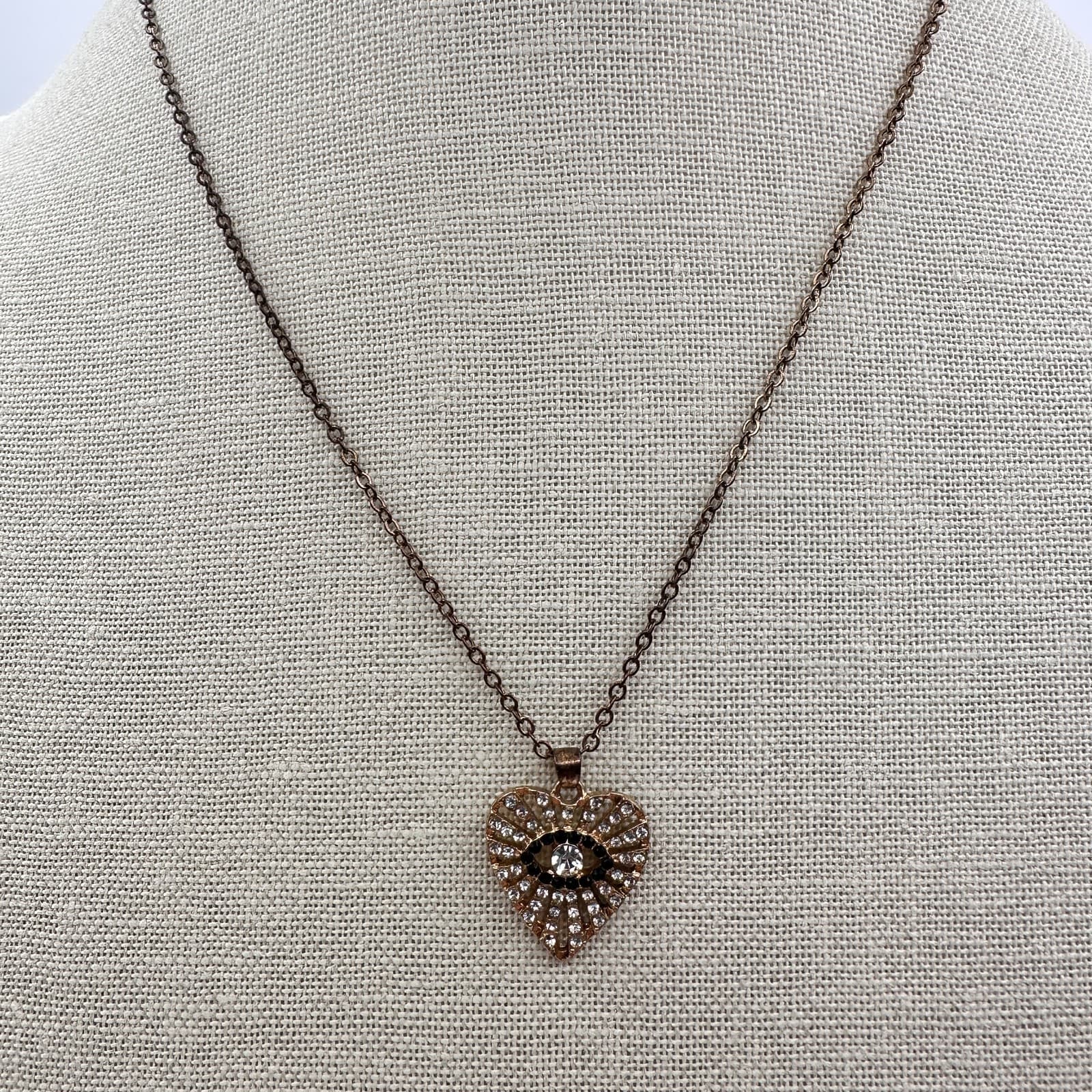 Vintage 90s Rhinestone Evil Eye & Heart Gold Tone Pendant Necklace Jewelry - Thumbnail 2