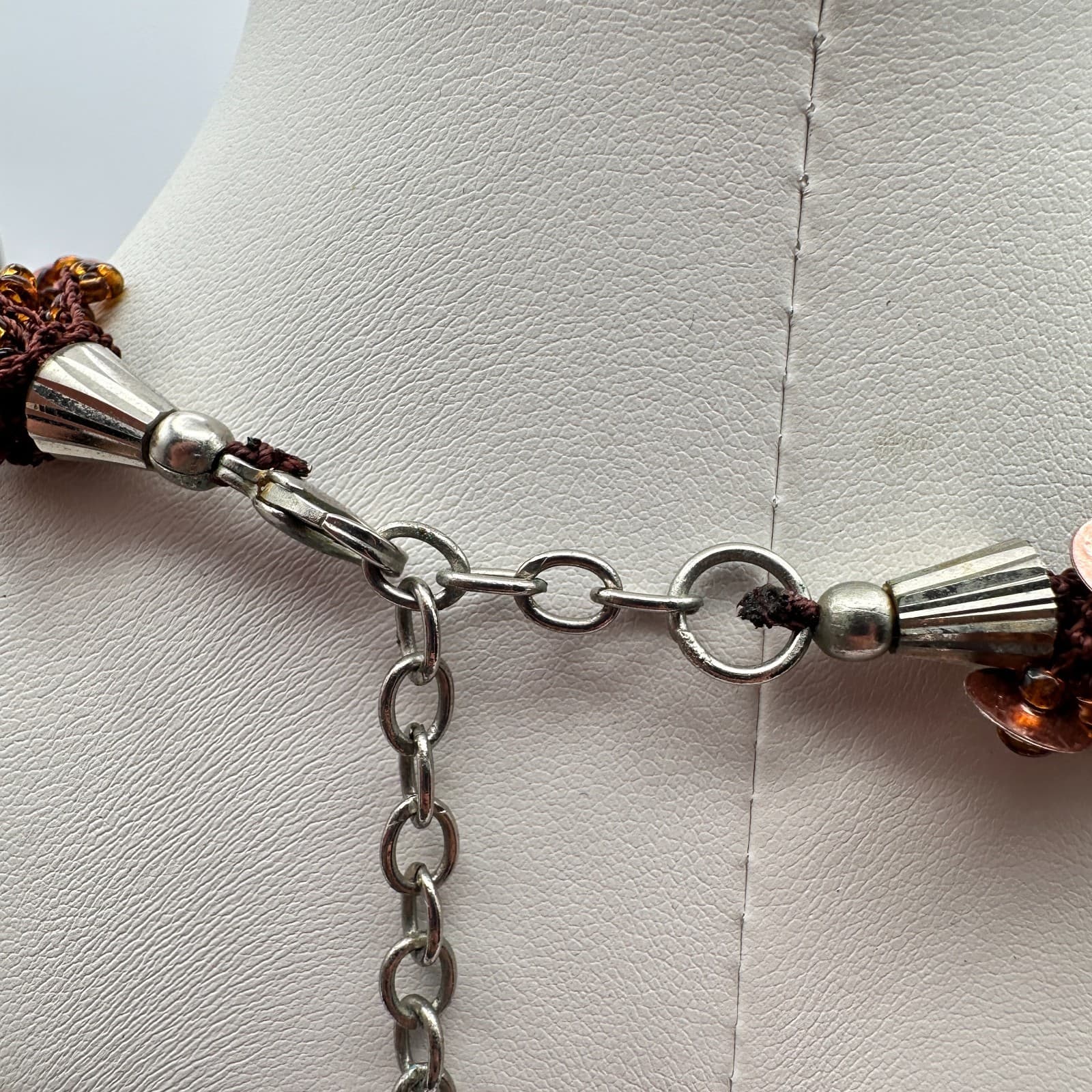 Vintage 90s Boho Multi-Strand Crochet Necklace Brown Amber Beaded Copper Sequins - Thumbnail 8