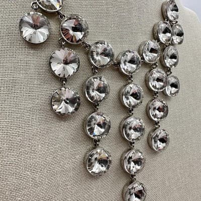 Vintage 90s Silver Tone Round Glass Tiered Bib Statement Necklace Glam Jewelry - Thumbnail 3