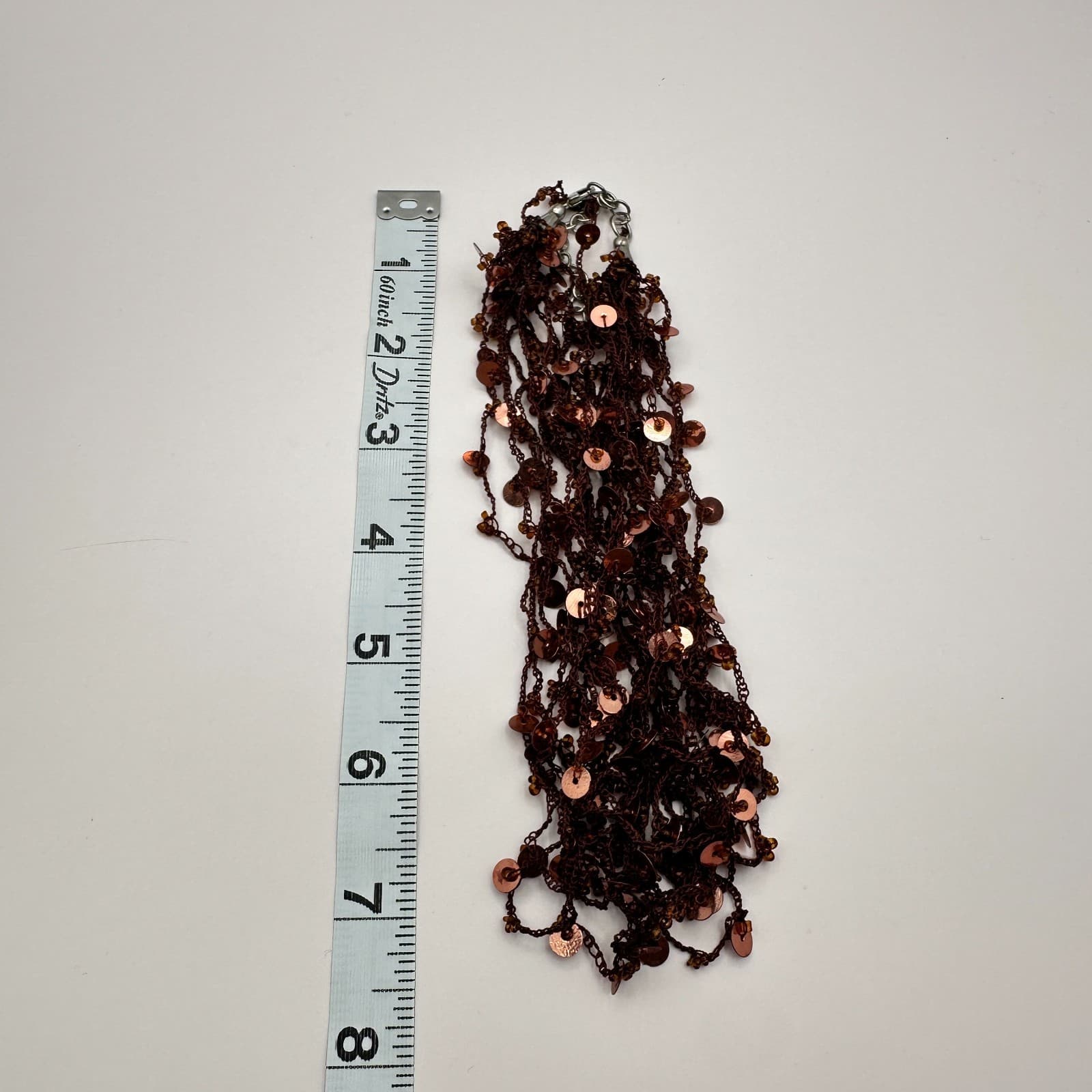 Vintage 90s Boho Multi-Strand Crochet Necklace Brown Amber Beaded Copper Sequins - Thumbnail 9