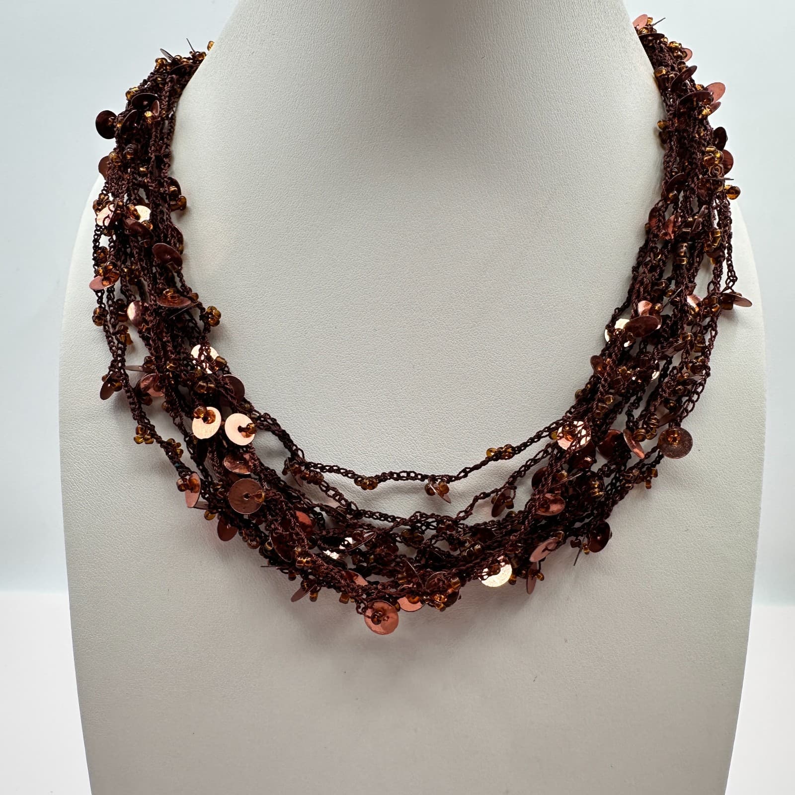 Vintage 90s Boho Multi-Strand Crochet Necklace Brown Amber Beaded Copper Sequins - Thumbnail 2