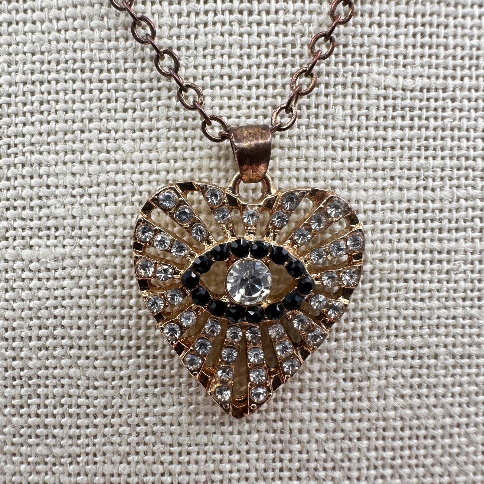 Vintage 90s Rhinestone Evil Eye & Heart Gold Tone Pendant Necklace Jewelry - Thumbnail 4