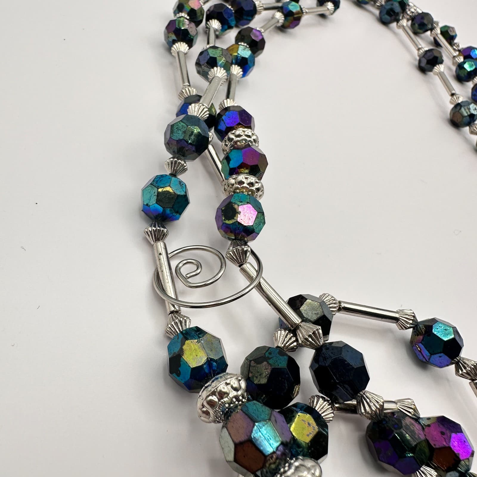 Vintage 90s Black Multi-strand Crystal Beaded Necklace Silver Tone Jewelry - Thumbnail 4
