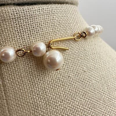 Vintage Y2K Faux Pearl Gold Tone Bow Teardrop Pendant Rhinestone Women's Jewelry - Thumbnail 8