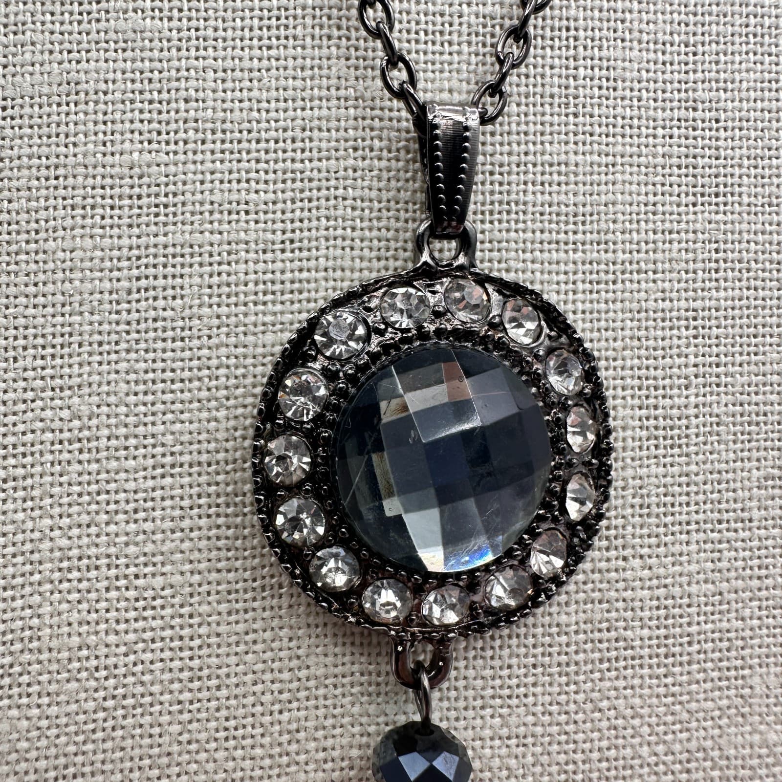 Vintage 90s Rhinestone Gunmetal Tassel Pendant Necklace Boho Women's Jewelry - Thumbnail 3