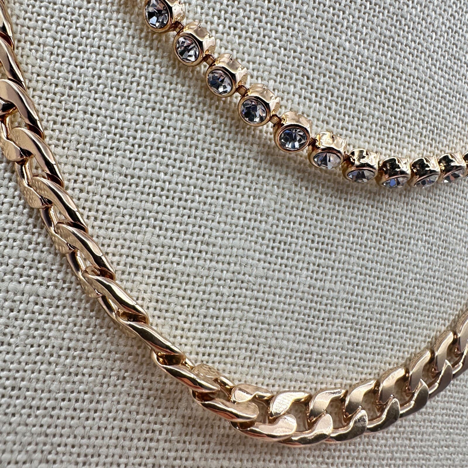 Vintage 80s Chunky Curb & Rhinestone Tennis Chain Layered Necklace Retro Jewelry - Thumbnail 4