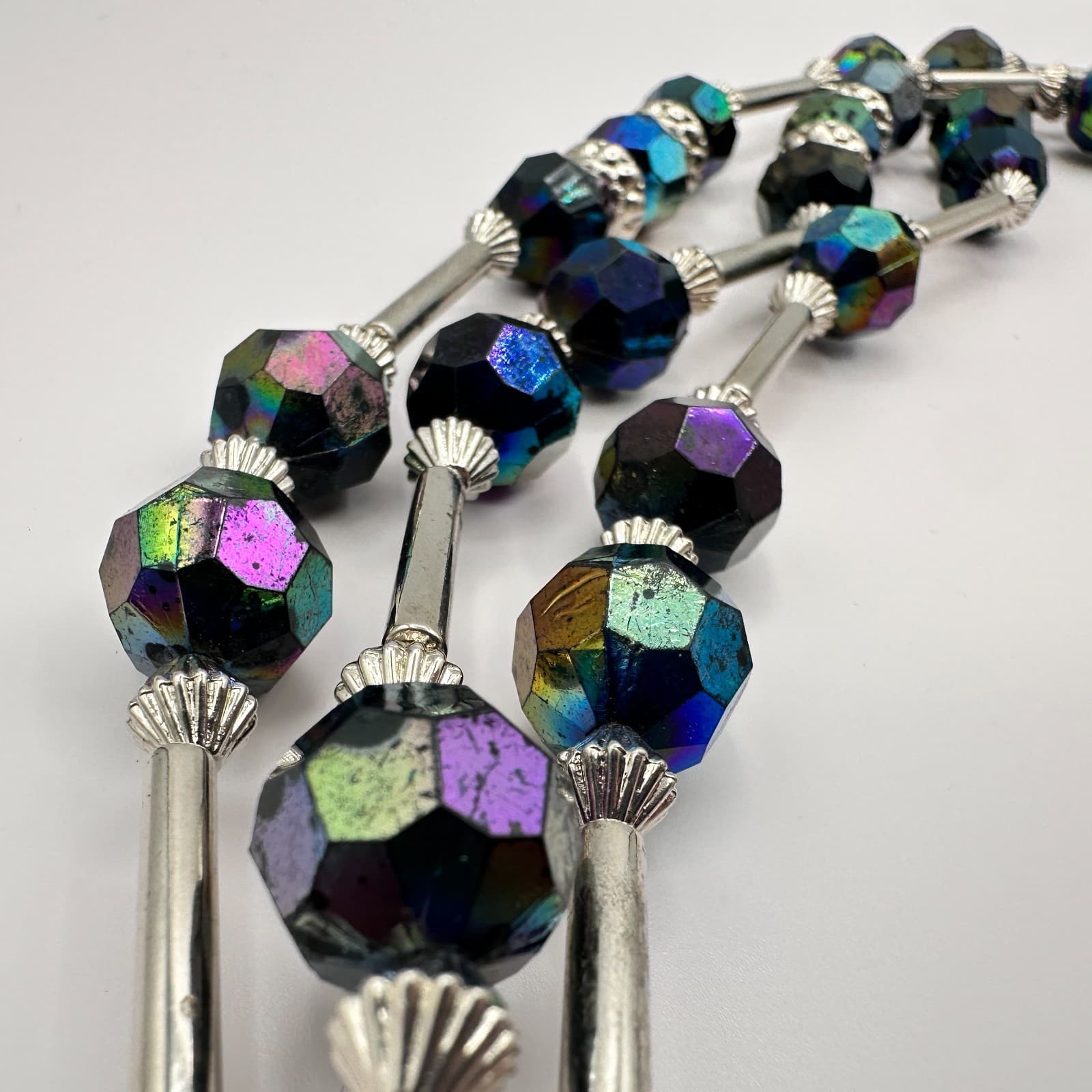 Vintage 90s Black Multi-strand Crystal Beaded Necklace Silver Tone Jewelry - Thumbnail 6