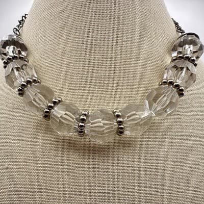Vintage 80s Chunky Clear Faceted Glass Crystal Necklace Silver Tone Bead Jewelry - Thumbnail 2