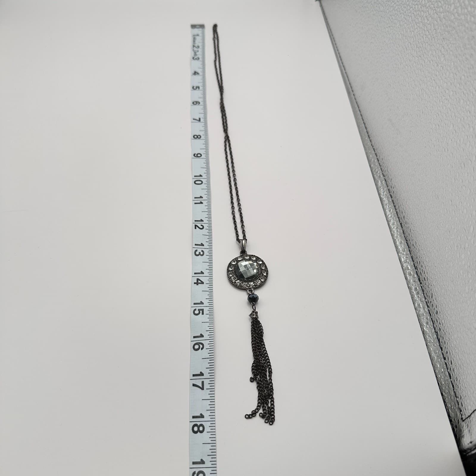 Vintage 90s Rhinestone Gunmetal Tassel Pendant Necklace Boho Women's Jewelry - Thumbnail 12