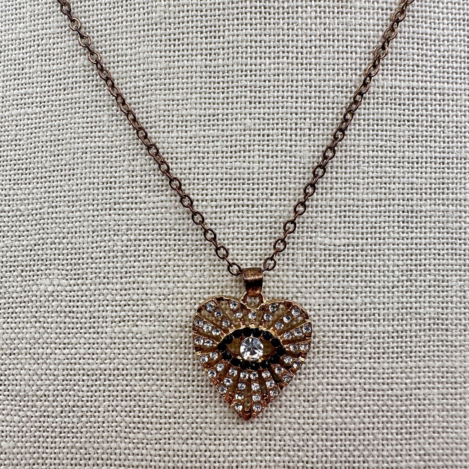 Vintage 90s Rhinestone Evil Eye & Heart Gold Tone Pendant Necklace Jewelry - Thumbnail 3