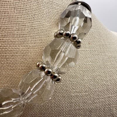 Vintage 80s Chunky Clear Faceted Glass Crystal Necklace Silver Tone Bead Jewelry - Thumbnail 5