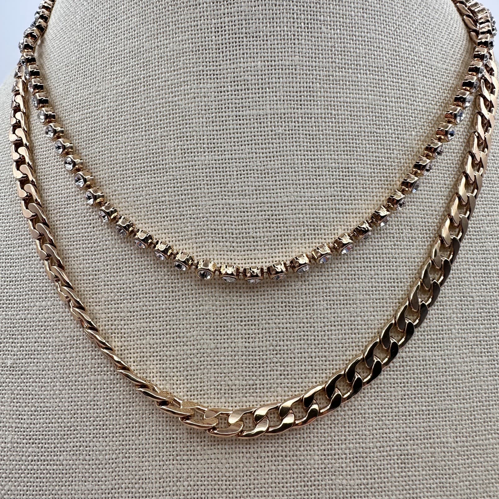 Vintage 80s Chunky Curb & Rhinestone Tennis Chain Layered Necklace Retro Jewelry - Thumbnail 2