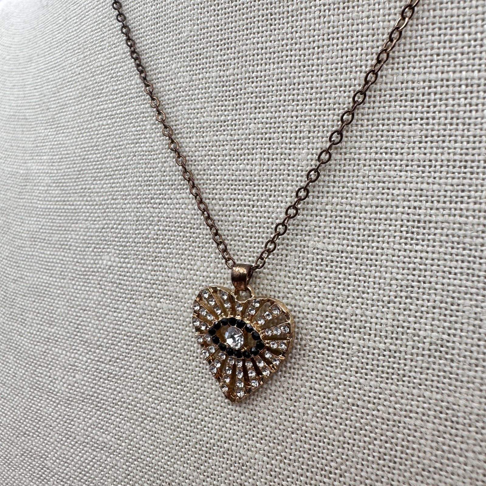 Vintage 90s Rhinestone Evil Eye & Heart Gold Tone Pendant Necklace Jewelry - Thumbnail 6