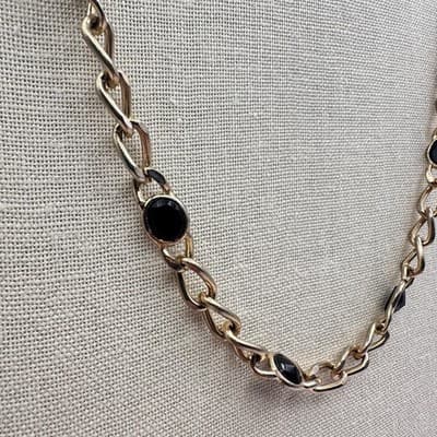 Vintage 90s Black Cabochon Stations Gold Tone Chain Necklace Women's Jewelry - Thumbnail 3