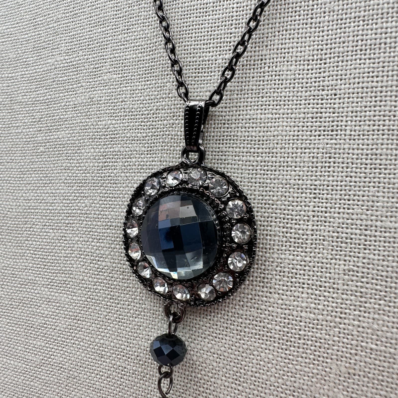 Vintage 90s Rhinestone Gunmetal Tassel Pendant Necklace Boho Women's Jewelry - Thumbnail 5