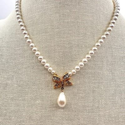Vintage Y2K Faux Pearl Gold Tone Bow Teardrop Pendant Rhinestone Women's Jewelry - Thumbnail 2