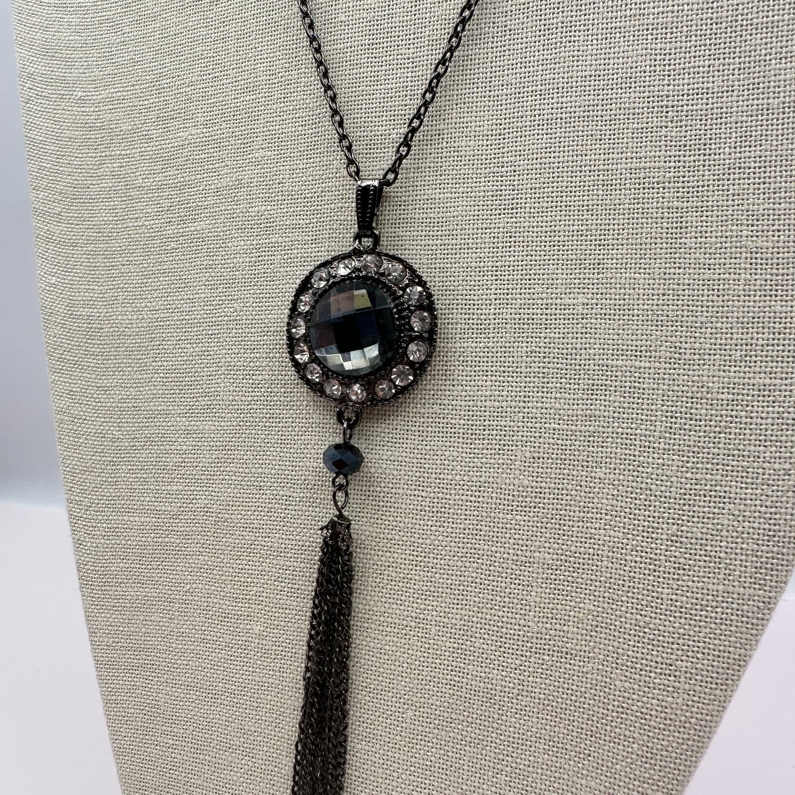 Vintage 90s Rhinestone Gunmetal Tassel Pendant Necklace Boho Women's Jewelry - Thumbnail 9