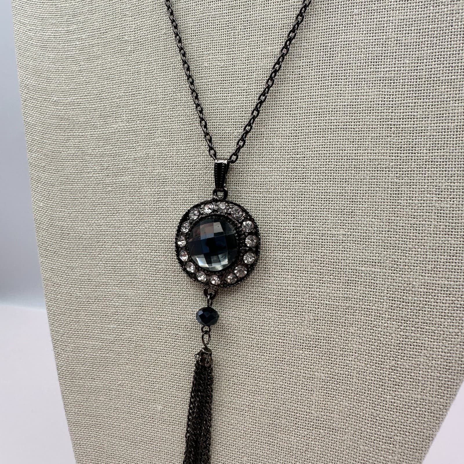 Vintage 90s Rhinestone Gunmetal Tassel Pendant Necklace Boho Women's Jewelry - Thumbnail 10