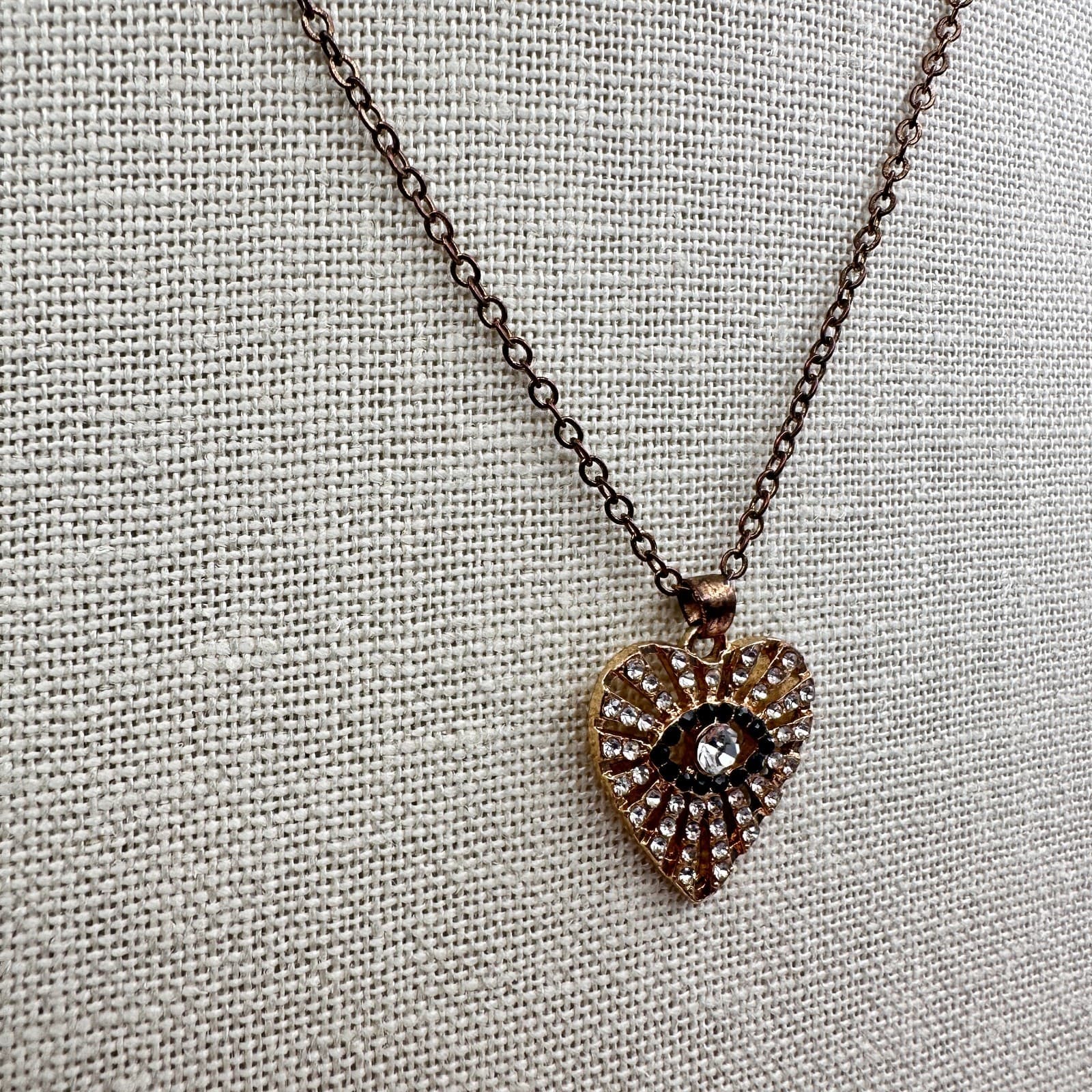 Vintage 90s Rhinestone Evil Eye & Heart Gold Tone Pendant Necklace Jewelry - Thumbnail 5