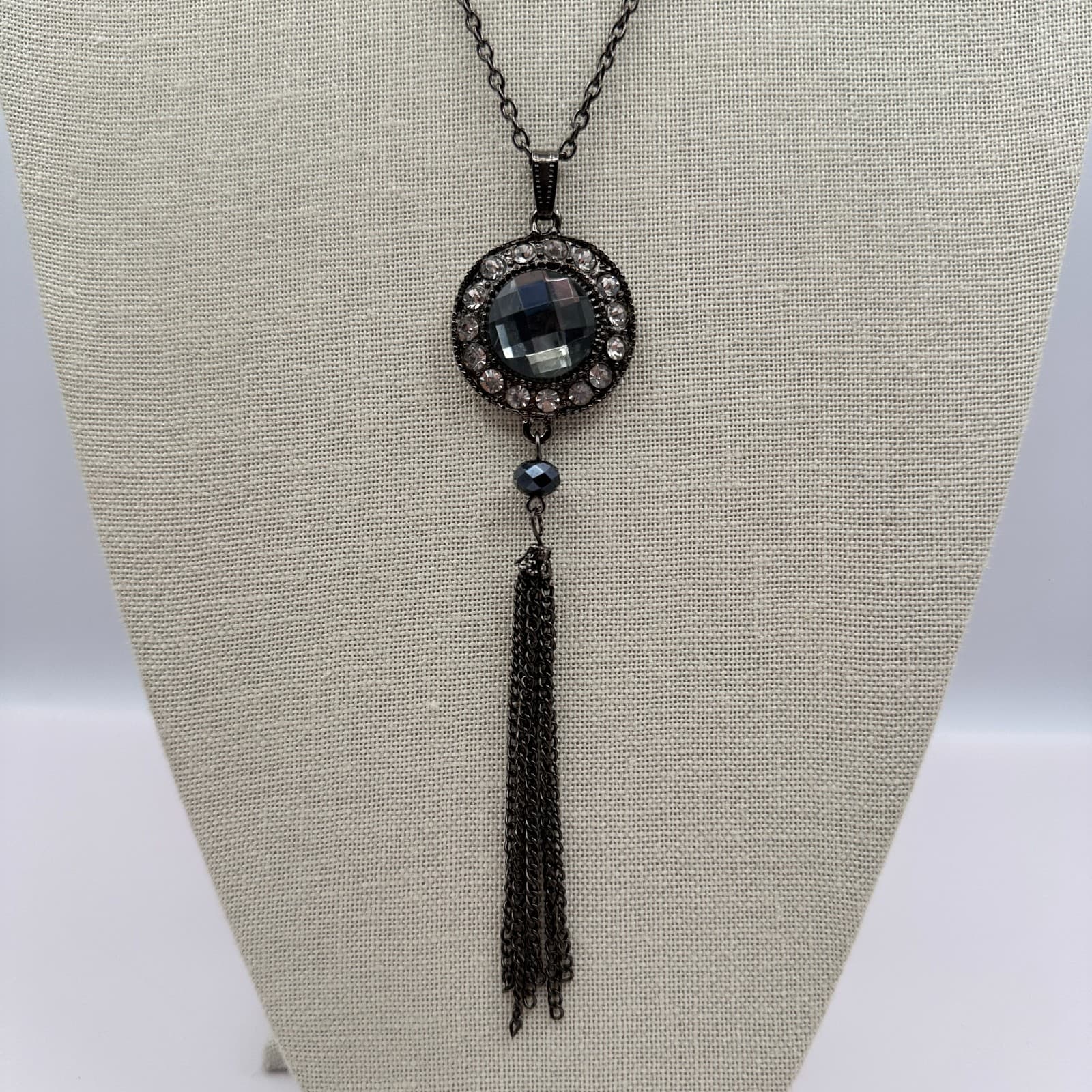 Vintage 90s Rhinestone Gunmetal Tassel Pendant Necklace Boho Women's Jewelry - Thumbnail 8