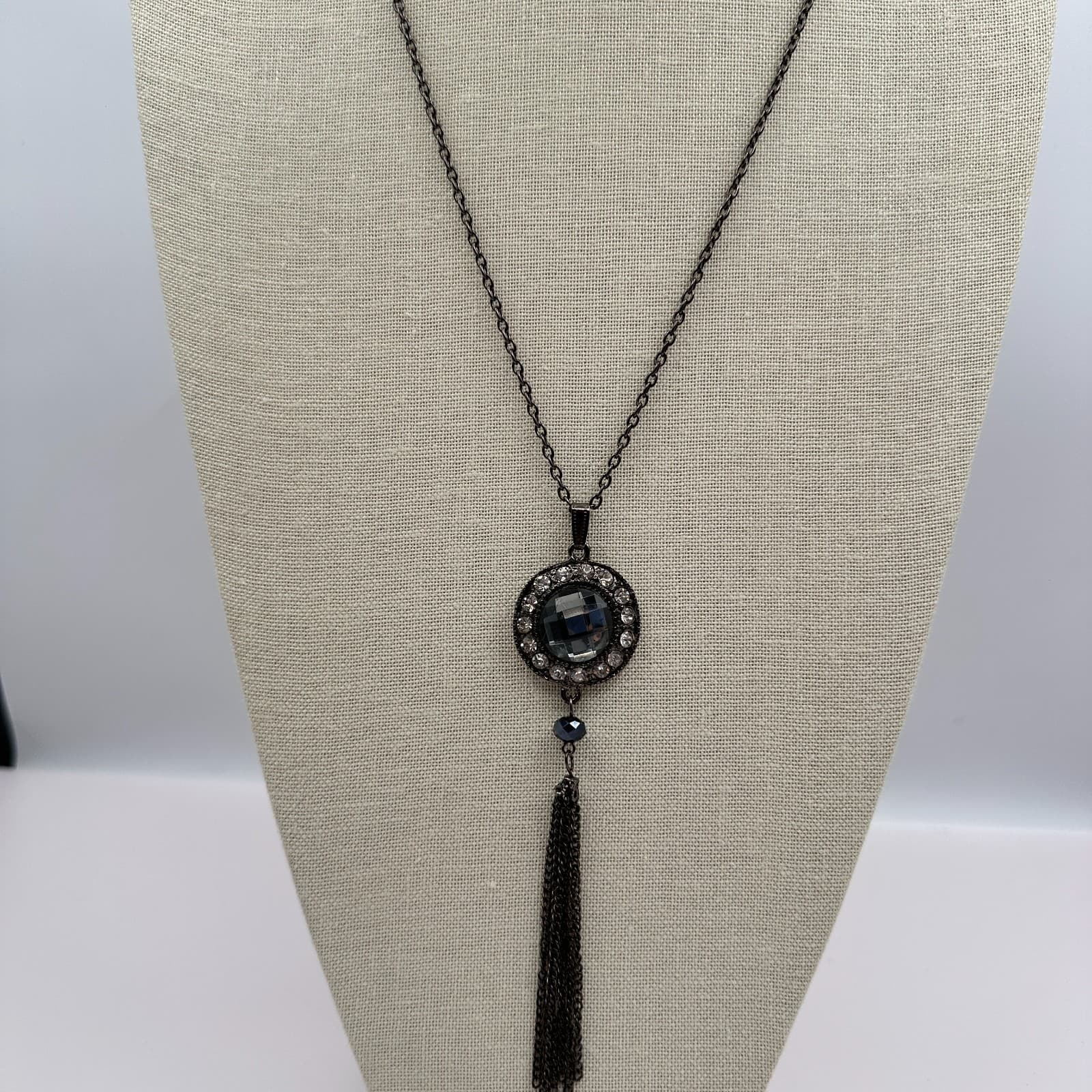 Vintage 90s Rhinestone Gunmetal Tassel Pendant Necklace Boho Women's Jewelry - Thumbnail 11