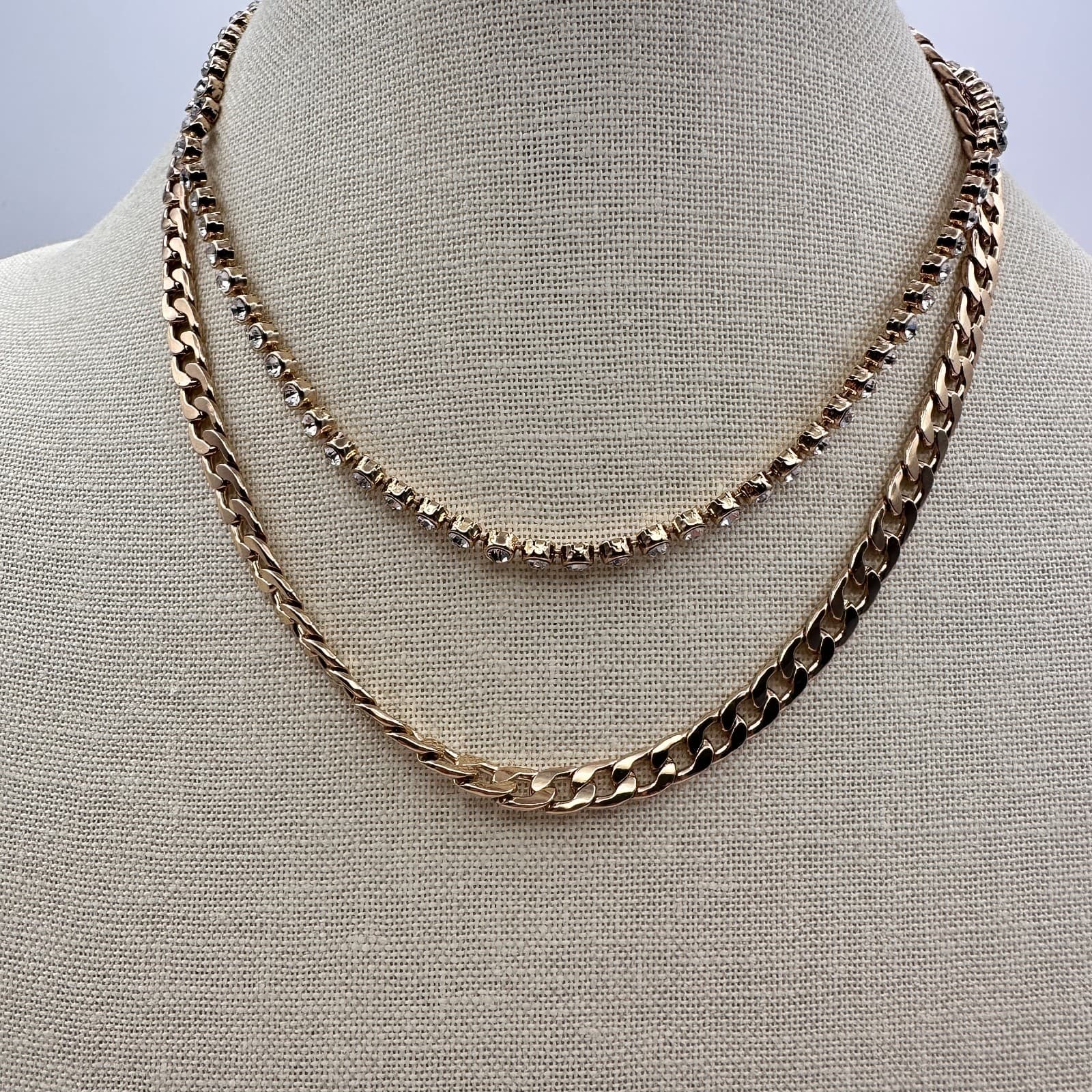 Vintage 80s Chunky Curb & Rhinestone Tennis Chain Layered Necklace Retro Jewelry - Thumbnail 5