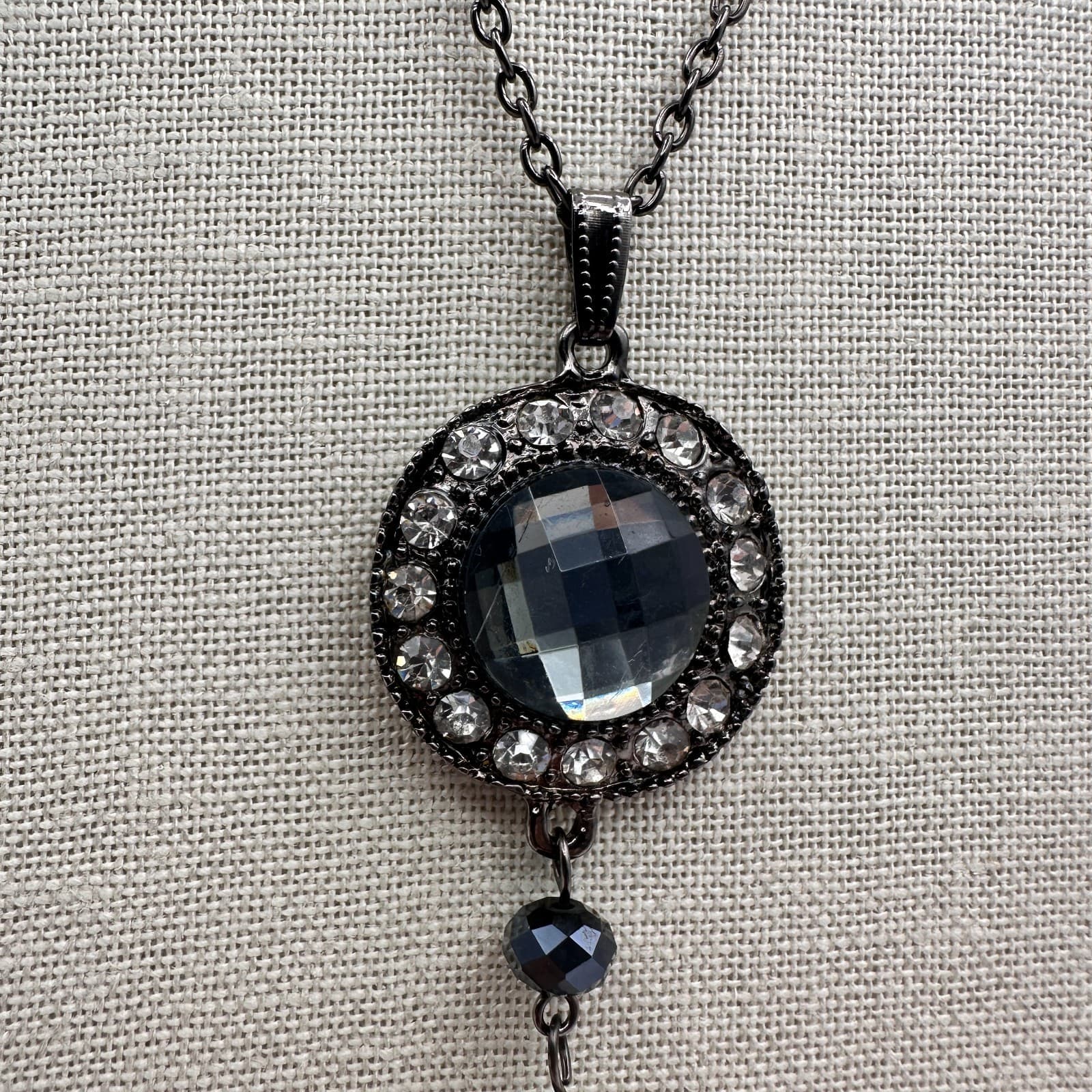 Vintage 90s Rhinestone Gunmetal Tassel Pendant Necklace Boho Women's Jewelry - Thumbnail 4
