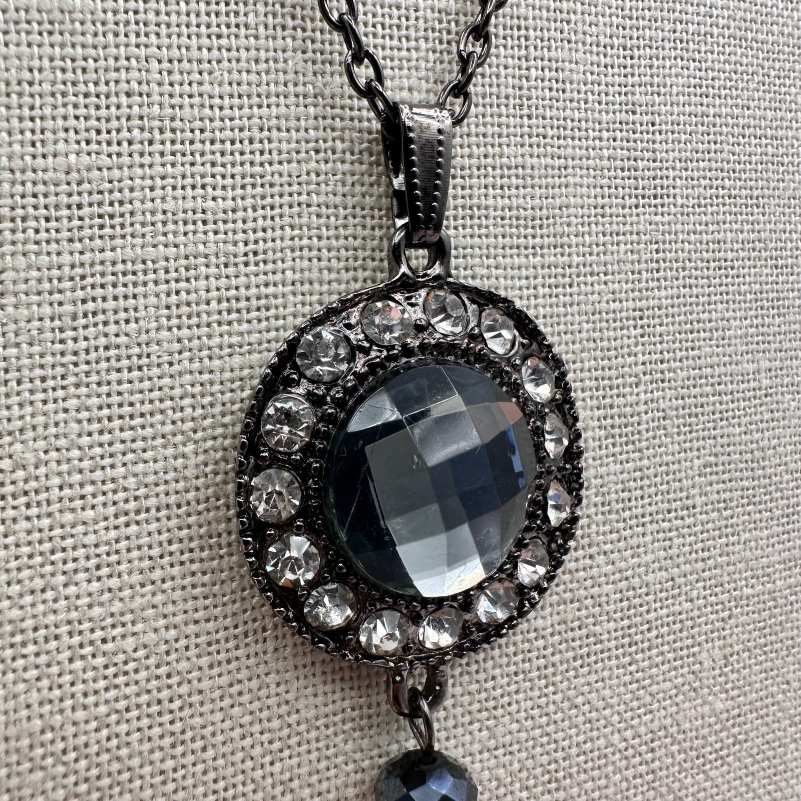 Vintage 90s Rhinestone Gunmetal Tassel Pendant Necklace Boho Women's Jewelry - Thumbnail 2