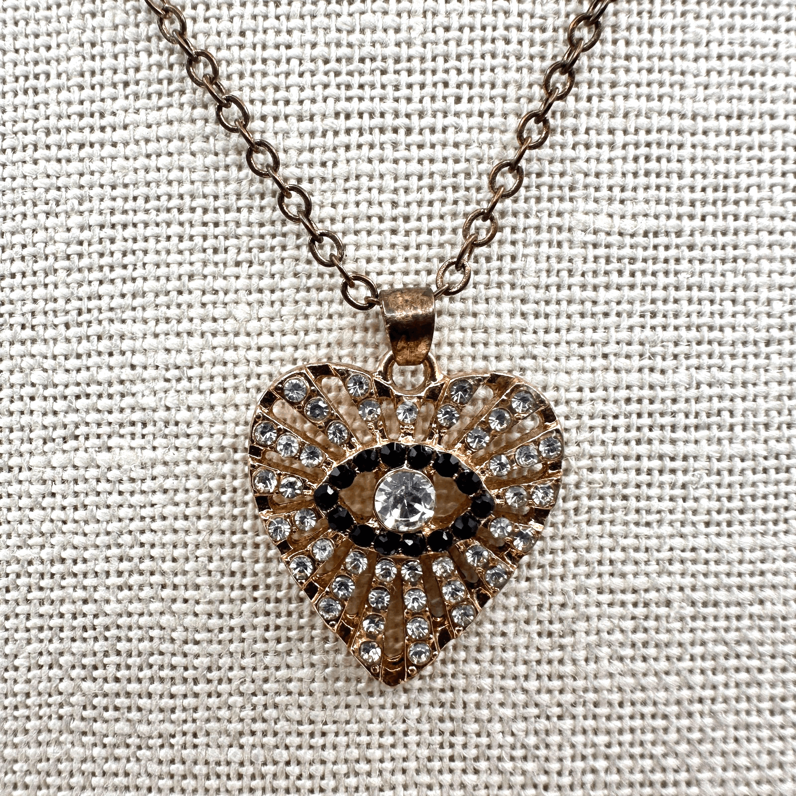 Vintage 90s Rhinestone Evil Eye & Heart Gold Tone Pendant Necklace Jewelry