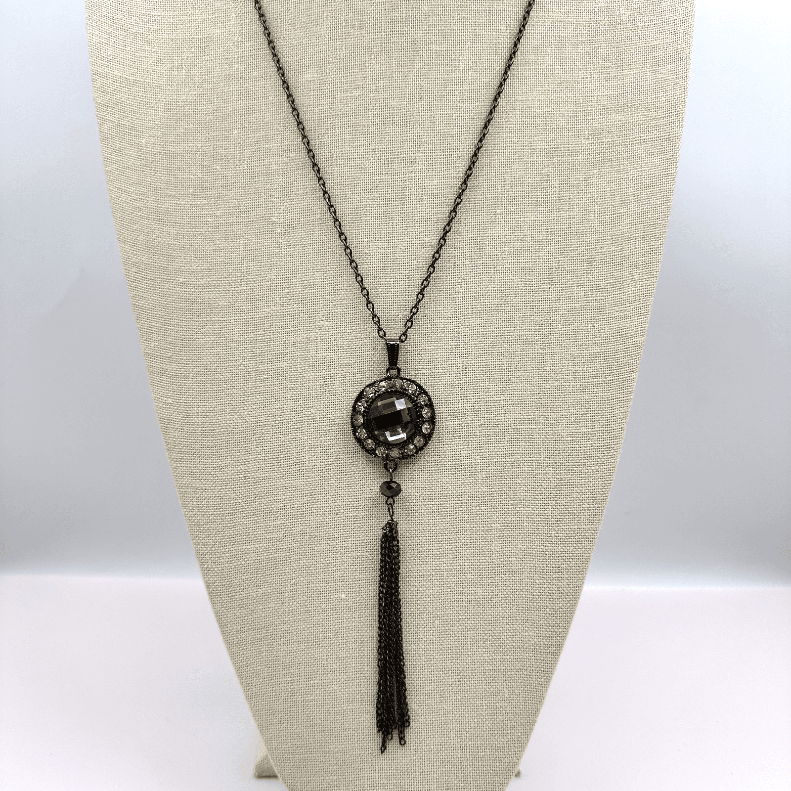 Vintage 90s Rhinestone Gunmetal Tassel Pendant Necklace Boho Women's Jewelry - Thumbnail 7