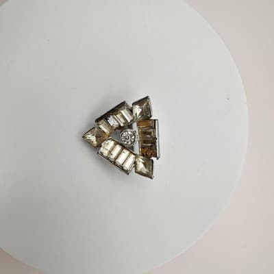 Vintage 80s Silver Tone Clear Rhinestone Geometric Triangle Brooch Pin Art Deco - Thumbnail 5