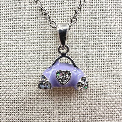Vintage Y2K Purple Enamel Rhinestone Purse Pendant Necklace Silver Tone Jewelry