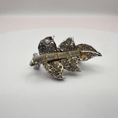 Vintage 80s 90s Leaf Brooch Pin Set Gold & Silver Tone Clear Glass Maple Fall - Thumbnail 13