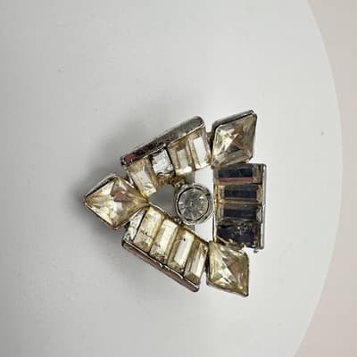 Vintage 80s Silver Tone Clear Rhinestone Geometric Triangle Brooch Pin Art Deco - Thumbnail 2