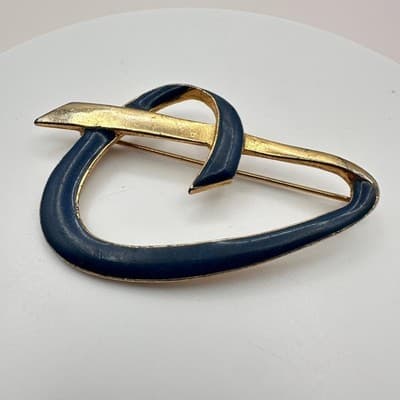 Vintage 80s Abstract Blue Enamel & Gold Tone Loop Brooch Pin Retro Jewelry - Thumbnail 3