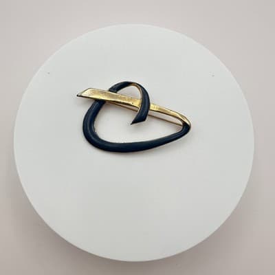 Vintage 80s Abstract Blue Enamel & Gold Tone Loop Brooch Pin Retro Jewelry - Thumbnail 2
