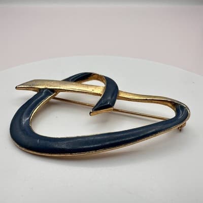 Vintage 80s Abstract Blue Enamel & Gold Tone Loop Brooch Pin Retro Jewelry - Thumbnail 4
