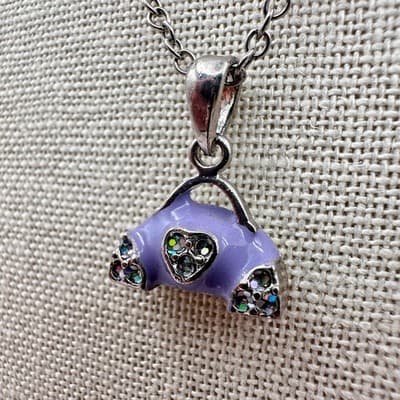 Vintage Y2K Purple Enamel Rhinestone Purse Pendant Necklace Silver Tone Jewelry - Thumbnail 7