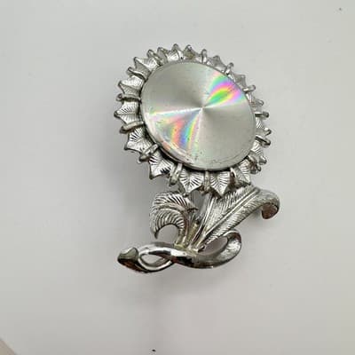 Vintage 90s Silver Tone Sunflower Brooch Pin Iridescent Women's Classic Jewelry - Thumbnail 3