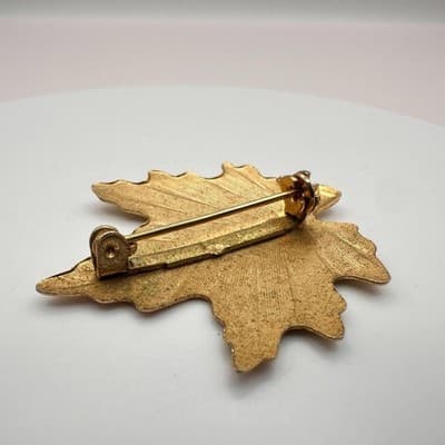 Vintage 80s 90s Leaf Brooch Pin Set Gold & Silver Tone Clear Glass Maple Fall - Thumbnail 5
